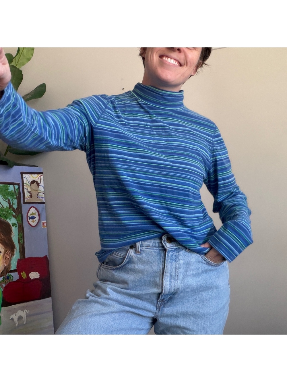 Vintage 90s blue striped turtleneck long sleeve shirt